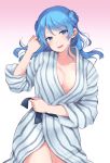  1girl alternate_costume bangs bathrobe blue_eyes blue_hair blush breasts cleavage collarbone commentary_request cowboy_shot double_bun eyebrows_visible_through_hair highres holding kantai_collection large_breasts long_hair looking_at_viewer lying open_mouth robe senbei_(senbe_i) simple_background smile solo thighs undressing urakaze_(kantai_collection) water wet 
