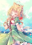  1girl :d animal_ear_fluff animal_ears back_bow blonde_hair blue_sky blurry blurry_background blush bow braid breasts center_frills closed_eyes clouds cloudy_sky commentary_request day depth_of_field dog_ears fang fingernails flower frills green_skirt hair_bow hand_up high-waist_skirt holding holding_flower medium_breasts nemuri_nemu open_mouth original outdoors puffy_short_sleeves puffy_sleeves red_bow ribbon-trimmed_skirt ribbon_trim shirt short_sleeves side_braid single_braid skirt sky smile solo white_bow white_shirt 