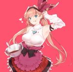  1girl :q adjusting_hair apron arm_up armpits bare_shoulders black_bow black_hairband blue_eyes blush bow bowl breasts chocolate clarisse_(granblue_fantasy) closed_mouth commentary_request cowboy_shot detached_sleeves eyebrows_visible_through_hair food food_on_face frilled_skirt frills granblue_fantasy hair_bow hairband heart highres holding holding_bowl large_breasts long_hair long_sleeves looking_at_viewer low_twintails pink_apron plaid plaid_skirt purple_ribbon red_background red_skirt remora180 ribbon simple_background skirt smile solo tongue tongue_out twintails v-shaped_eyebrows valentine very_long_hair waist_apron whisk 