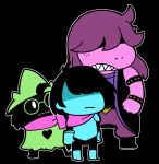  1boy 1girl 1other ahoge armor bangs bkub black_background black_hair blue_armor blue_skin boots clenched_hands clenched_teeth commentary deltarune fur glasses gloves green-framed_eyewear green_hat green_robe hair_over_eyes hat heart highres kris_(deltarune) long_hair monster_boy monster_girl outline pants pink_scarf purple_hair purple_pants purple_shirt purple_skin ralsei scarf sharp_teeth shirt short_hair shoulder_armor studded_armlet studded_bracelet susie_(deltarune) swept_bangs teeth white_outline wizard_hat 