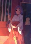  1girl absurdres artist_name blue_eyes broom day hakama highres japanese_clothes long_hair long_sleeves love_live! love_live!_school_idol_project miko minekohana outdoors purple_hair red_hakama smile solo standing toujou_nozomi wide_sleeves 