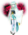  1girl bangs boshi_(a-ieba) closed_fan detached_sleeves fan fate/grand_order fate_(series) folding_fan full_body green_hair green_kimono hair_ornament holding holding_fan horns japanese_clothes kimono kiyohime_(fate/grand_order) long_hair long_sleeves looking_at_viewer obi print_sleeves sash shiny shiny_hair side_slit smile solo standing thigh-highs very_long_hair white_background white_sleeves wide_sleeves yellow_eyes 