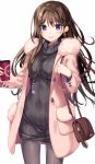  1girl :d bag bangs black_legwear black_sweater blue_eyes blush boku_no_kanojo_sensei breasts brown_hair buttons coat coffee_cup covered_navel cowboy_shot cup disposable_cup dress earrings eyebrows_visible_through_hair fujiki_maka fur-trimmed_coat fur_trim hand_up holding holding_cup jewelry large_breasts legs_apart long_hair long_sleeves looking_at_viewer nail_polish necklace open_clothes open_coat open_mouth oryou pantyhose pink_coat pink_nails ribbed_sweater shiny shiny_hair shoulder_bag simple_background smile solo standing star star_earrings sweater sweater_dress turtleneck turtleneck_sweater white_background winter_clothes 