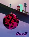 1boy 8-ball afro agent_8 ayumi_(830890) ball blurry blurry_background closed_mouth highres ink_tank_(splatoon) octarian octocopter octoling paint pink_hair propeller road_sign short_hair sign signature splatoon splatoon_(series) splatoon_2 splatoon_2:_octo_expansion wristband 