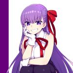  1girl bangs bare_shoulders bb_(fate)_(all) bb_(fate/extra_ccc) black_legwear black_skirt blush breasts chan_co eyebrows_visible_through_hair fate/extra fate/extra_ccc fate/grand_order fate_(series) gloves grin hair_between_eyes hair_ribbon hand_on_own_face large_breasts long_hair looking_at_viewer neck_ribbon purple_hair red_neckwear red_ribbon ribbon shirt simple_background skirt sleeveless sleeveless_shirt smile solo thigh-highs very_long_hair violet_eyes white_gloves white_shirt 