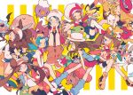  6+girls archeops auko barrette baseball_cap beanie blue_(pokemon) blue_eyes blue_hair boots brown_eyes brown_hair buneary clenched_hands commentary creatures_(company) crystal_(pokemon) dedenne double_bun drifloon game_freak gen_1_pokemon gen_2_pokemon gen_3_pokemon gen_4_pokemon gen_5_pokemon gen_6_pokemon gligar gourgeist hands_on_own_cheeks hands_on_own_face haruka_(pokemon) hat hikari_(pokemon) jirachi kotone_(pokemon) long_hair mei_(pokemon) minun multiple_girls munna nintendo octillery one_eye_closed open_mouth outstretched_arms overalls pichu pink_footwear pink_scarf plusle pokemon pokemon_(creature) pokemon_(game) pokemon_on_head politoed poliwag red_skirt scarf serena_(pokemon) shaymin shorts sitting skirt smile spread_arms striped striped_background swablu swadloon swirlix sylveon symbol_commentary thigh-highs touko_(pokemon) twintails tympole vertical-striped_background vertical_stripes vulpix white_hat woobat wooper 