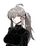  1girl agtt25333 alternate_hairstyle black_sweater breasts earrings facial_scar gangut_(kantai_collection) grey_hair hair_between_eyes hair_ribbon highres jewelry kantai_collection large_breasts long_hair looking_at_viewer orange_eyes ponytail ribbon scar scar_on_cheek simple_background sweater white_background 