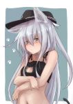  1girl alternate_costume animal_ears blue_background blue_eyes blush breasts cat_bra cat_ears cat_tail closed_mouth eyebrows_visible_through_hair flat_cap hair_between_eyes hat hibiki_(kantai_collection) highres kantai_collection kuuru_(kuuru-n) long_hair looking_at_viewer navel paw_background silver_hair simple_background small_breasts tail white_background 