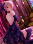  1girl absurdres artoria_pendragon_(all) backless_dress backless_outfit bed_sheet blue_flower bow braided_bun brown_eyes choker dress dutch_angle elbow_gloves fate/stay_night fate_(series) flower gloves hair_bow hair_bun highres indoors kikirinana layered_dress looking_at_viewer looking_back petals purple_bow purple_dress purple_gloves purple_legwear saber_alter shiny shiny_skin short_dress short_hair silver_hair sitting sleeveless sleeveless_dress solo thigh-highs 