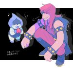 1boy 1girl black_background blue_skin blush_stickers boots bracelet deltarune eyes_visible_through_hair fingernails flying_sweatdrops green_sclera highres jewelry lancer_(deltarune) long_hair looking_at_another ouse_(otussger) sharp_fingernails shoes sleeveless smirk spiked_bracelet spikes squatting susie_(deltarune) tongue tongue_out
