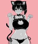  1girl alternate_costume animal_ears bangs bell bell_choker bell_collar blush bra breasts cat_cutout cat_day cat_ear_panties cat_ears cat_lingerie cat_tail choker cleavage_cutout closed_mouth collar collarbone commentary_request eyebrows_visible_through_hair frilled_bra frills groin hair_between_eyes jingle_bell kaga_(kantai_collection) kantai_collection kojima_saya large_breasts lingerie looking_at_viewer medium_hair meme_attire navel panties partially_colored paw_pose side-tie_panties side_ponytail simple_background skindentation solo standing tail underwear underwear_only 