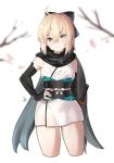  1girl absurdres ahoge armor bare_shoulders be_garam black_bow black_scarf blonde_hair blurry bow breasts closed_mouth cropped_legs depth_of_field fate/grand_order fate_(series) grey_eyes hair_between_eyes hair_bow hand_on_hip head_tilt highres japanese_armor japanese_clothes katana kimono kote looking_at_viewer medium_breasts obi okita_souji_(fate) okita_souji_(fate)_(all) petals sash scarf sheath sheathed short_hair short_kimono sleeveless sleeveless_kimono smile solo standing sword thighs tree_branch weapon white_background white_kimono 