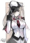  1girl 2019 absurdres black_gloves black_ribbon black_skirt blonde_hair breasts capelet cowboy_shot dated gloves graf_zeppelin_(kantai_collection) grey_eyes hair_over_one_eye hat hat_over_one_eye hat_tip highres iron_cross jacket kantai_collection large_breasts looking_at_viewer military_hat miniskirt nagasawa_tougo neck_ribbon necktie peaked_cap red_neckwear ribbon sidelocks simple_background skirt solo twintails twitter_username 