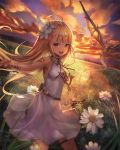  1girl armpits belt blonde_hair bracelet brown_eyes clouds commentary_request dragon dress field flower flying grass hair_flower hair_ornament highres jewelry long_hair mouth_hold necklace open_mouth original outdoors outstretched_hand sachi_(160332) sky sleeveless sleeveless_dress smile sunset thigh_strap white_dress wings 
