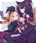  2girls abigail_williams_(fate/grand_order) age_difference animal_ear_fluff animal_ears bangs bell black_bow black_dress black_hair blonde_hair blush bow braid breasts cat_ears cat_girl character_request child cleavage commentary_request dress fate/grand_order fate_(series) flower fur_trim green_eyes hair_between_eyes hair_bow hair_ornament hair_ribbon hairband japanese_clothes kimono long_hair long_sleeves looking_at_viewer multiple_girls off_shoulder parted_bangs puffy_sleeves red_bow ribbon short_hair short_sleeves sleeves_past_fingers sleeves_past_wrists thigh-highs totatokeke twin_braids wide_sleeves 