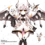  1cezhun1 1girl detached_sleeves dragon drone elsword eve_(elsword) facial_mark forehead_jewel gloves highres horns long_hair panties pantyshot pet silver_hair skirt thigh-highs underwear wings yellow_eyes 