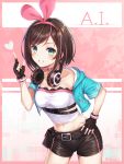  1girl a.i._channel aqua_eyes aqua_jacket belt belt_pouch black_gloves black_shorts blush brown_hair choker collarbone cowboy_shot crop_top cropped_jacket dangmyo fingerless_gloves glint gloves grin hairband hand_on_hip hand_up headphones headphones_around_neck highres index_finger_raised jacket kizuna_ai legs_apart looking_at_viewer midriff multicolored_hair navel open_clothes open_jacket pink_choker pink_hair pouch shirt short_hair short_shorts short_sleeves shorts sidelocks smile solo standing stomach streaked_hair twitter_username virtual_youtuber white_shirt zipper 