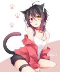  1girl animal_ears antenna_hair bare_shoulders black_hair black_shorts breasts brown_hair cat_day cat_ears cat_girl cat_tail choker cleavage earrings fang gradient_hair hair_between_eyes heterochromia highres jacket jewelry kneeling kuroi_(liar-player) long_hair long_sleeves looking_at_viewer multicolored_hair off_shoulder open_clothes open_jacket original parted_lips red_choker red_eyes red_jacket scar shirt short_shorts shorts sleeveless sleeveless_shirt sleeves_past_wrists small_breasts solo tail thigh_strap thighs twitter_username two-tone_background white_shirt yellow_eyes 