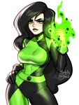  1girl artist_name asymmetrical_gloves black_bodysuit black_gloves black_hair black_lips blushyspicy bodysuit breasts commentary fire flaming_hand gloves green_eyes green_fire green_gloves kim_possible large_breasts lips long_hair looking_at_viewer makeup mismatched_gloves multicolored_bodysuit multicolored_clothes shego smile solo 