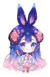  1girl :d animal_ears asymmetrical_legwear big_head blue_eyes blue_hair blush bow breasts brown_legwear chibi commentary commission curled_horns dango dress flower food full_body gradient_hair hair_flower hair_ornament hands_up holding holding_food long_hair long_sleeves looking_at_viewer multicolored_hair natsumii_chan open_mouth original pink_dress pink_flower pink_footwear pink_hair pleated_dress rabbit_ears sanshoku_dango see-through shoes simple_background single_thighhigh small_breasts smile solo standing striped striped_footwear striped_legwear thigh-highs vertical-striped_legwear vertical_stripes very_long_hair wagashi white_background white_bow wide_sleeves 