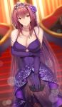  1girl arm_under_breasts bangs bare_shoulders blurry blurry_background breasts cleavage closed_mouth collarbone dress elbow_gloves fate/grand_order fate_(series) feng_mouren flower gloves hair_between_eyes hair_flower hair_intakes hair_ornament heroic_spirit_formal_dress highres large_breasts long_hair looking_at_viewer purple_dress purple_gloves purple_hair red_eyes scathach_(fate)_(all) scathach_(fate/grand_order) smile solo thighs tiara 