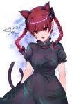  1girl animal_ears arms_at_sides bangs black_bow black_dress blue_background blunt_bangs blush bow braid breasts cat_day cat_ears cat_girl cat_tail commentary_request cowboy_shot dated dqn_(dqnww) dress eyebrows_visible_through_hair fang hair_bow head_tilt kaenbyou_rin long_hair looking_at_viewer medium_breasts open_mouth print_dress redhead short_sleeves signature slit_pupils solo tail touhou twin_braids two-tone_background violet_eyes 