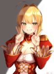  1girl ahoge blonde_hair blush breasts cleavage dated double_v epaulettes fate/extra fate_(series) green_eyes highres large_breasts long_sleeves looking_at_viewer nero_claudius_(fate) nero_claudius_(fate)_(all) short_hair smile solo teeth upper_body v yayoimaka03 