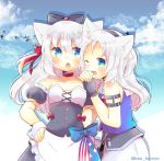  2girls animal_ear_fluff animal_ears apron azur_lane bangs bird black_bow black_dress black_gloves black_hairband black_sleeves blue_eyes blue_shirt blue_sky blush bow breasts cat_ears character_request clouds cloudy_sky collarbone commentary_request day detached_sleeves dress eyebrows_visible_through_hair fingerless_gloves fingernails frilled_apron frills gloves hair_between_eyes hair_bow hairband hammann_(azur_lane) hand_on_hip kouu_hiyoyo long_hair multiple_girls one_eye_closed one_side_up open_mouth outdoors puffy_short_sleeves puffy_sleeves red_bow remodel_(azur_lane) sailor_collar shirt short_sleeves sky sleeveless sleeveless_shirt small_breasts strapless strapless_dress twitter_username waist_apron white_apron white_hair white_sailor_collar wrist_cuffs 