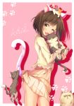 1girl ;d animal animal_ears animal_on_head blush brown_hair cat cat_ears cat_on_head cat_tail character_name commentary_request eyebrows_visible_through_hair fang green_eyes highres holding holding_animal idolmaster idolmaster_cinderella_girls long_sleeves maekawa_miku mitsuki_(omezame_alice) on_head one_eye_closed open_mouth pink_background short_hair simple_background smile standing tail 