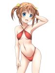  1girl alternate_costume bikini blue_eyes breasts brown_hair collarbone commentary_request contrapposto cowboy_shot criss-cross_halter halterneck high_school_fleet highleg highleg_bikini highleg_swimsuit highres hiraizumi_(mugenkidousha) looking_at_viewer misaki_akeno navel open_mouth red_bikini round_teeth short_hair simple_background small_breasts solo swimsuit teeth twintails upper_teeth white_background 