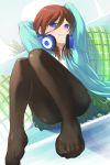  1girl arms_behind_head bangs black_legwear blue_cardigan blue_eyes blush breasts brown_hair cardigan closed_mouth eyebrows_visible_through_hair feet go-toubun_no_hanayome green_skirt hair_between_eyes headphones headphones_around_neck highres hirokiku legs long_sleeves looking_at_viewer medium_hair nakano_miku outdoors pantyhose pillow shirt sitting skirt smile solo thighs white_shirt 