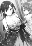  2girls :d ahoge blurry blurry_background blush bow braid breasts buriki cleavage collarbone dress elbow_gloves eyebrows_visible_through_hair flower gloves greyscale hair_flower hair_ornament highres hinata_aoi indoors large_breasts long_dress long_hair looking_at_viewer monochrome multiple_girls novel_illustration official_art open_mouth ore_wo_suki_nano_wa_omae_dake_ka_yo print_gloves sanshokuin_sumireko short_hair small_breasts smile standing strapless strapless_dress sunflower two_side_up very_long_hair 