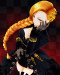  1girl black_dress black_eyes blonde_hair braid breasts checkered checkered_background cowboy_shot cross-laced_clothes dress dutch_angle earrings french_braid frilled_cuffs frills from_above gloves gold_trim gorori_(pixiv_1852522) hair_ornament hand_on_own_cheek highres jewelry large_breasts long_hair phaleg_ives phantasy_star phantasy_star_online_2 single_braid smile solo standing 