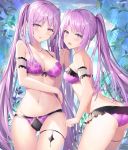  2girls arm_garter artist_name ass_visible_through_thighs bikini blush boots breasts cleavage cowboy_boots euryale eyebrows_visible_through_hair fate/grand_order fate_(series) frilled_bikini frills from_side hand_holding highres interlocked_fingers jewelry leaning_forward long_hair looking_at_viewer medium_breasts multiple_girls navel necklace open_mouth outdoors purple_bikini purple_hair rin_yuu siblings sisters skindentation smile stheno swimsuit thigh_gap thighlet twintails very_long_hair violet_eyes 