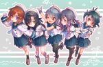  5girls bangs beret black_hair black_legwear blonde_hair blue_eyes blue_hair blue_neckwear blue_ribbon blue_sailor_collar blue_skirt blush bob_cut braid brown_eyes buttons closed_mouth commentary_request etorofu_(kantai_collection) eyebrows_visible_through_hair fangs fukae_(kantai_collection) gloves gradient_hair green_eyes hair_between_eyes hair_ornament hairband hairclip hat kantai_collection kneehighs long_hair long_sleeves looking_at_another mary_janes matsuwa_(kantai_collection) multicolored_hair multiple_girls na222222 neckerchief open_mouth orange_hair pantyhose pink_hair pleated_skirt puffy_short_sleeves puffy_sleeves purple_hair red_eyes redhead ribbon sado_(kantai_collection) sailor_collar sailor_hat school_uniform serafuku shirt shoes short_hair short_sleeves shorts shorts_under_skirt side_braid side_ponytail sidelocks simple_background skirt sleeveless sleeveless_shirt smile socks standing thick_eyebrows thigh-highs thigh_strap tied_hair tsurime tsushima_(kantai_collection) twin_braids violet_eyes white_gloves white_hat white_legwear 