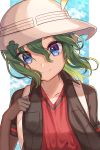  1girl backpack bag blue_eyes collarbone commentary_request elbow_gloves eyebrows_visible_through_hair gloves green_hair hat_feather helmet highres holding_strap jacket kaban_(kemono_friends) kemono_friends long_hair long_sleeves multicolored_hair pith_helmet seiramaru77 smile solo upper_body 