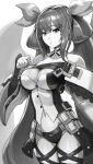  1girl bangs bare_shoulders belt beltbra breasts buttons choker cleavage collarbone cowboy_shot dizzy eyebrows_visible_through_hair gluteal_fold greyscale guilty_gear guilty_gear_xrd hair_between_eyes hair_ribbon large_breasts long_hair looking_away looking_to_the_side medium_breasts monochrome navel pirate ribbon simple_background solo standing stomach tail tail_ribbon tktr33 white_background wings 