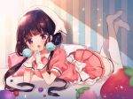  1girl ana_(rznuscrf) apron bangs blend_s blueberry blush collared_shirt eyebrows_visible_through_hair food fruit gloves hands_clasped head_scarf highres low_twintails lying on_stomach open_mouth own_hands_together pillow pink_shirt pink_skirt pom_pom_(clothes) puffy_short_sleeves puffy_sleeves sakuranomiya_maika shirt short_sleeves skirt solo stile_uniform strawberry thigh-highs twintails uniform violet_eyes waist_apron waitress white_apron white_gloves white_legwear 
