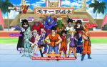  5girls 6+boys arena armor bandanna black_hair blonde_hair boots cape character_name crossed_arms dougi dragon_ball dragon_ball_xenoverse english_text full_body glasses group_picture hairband halo hat highres jewelry long_hair looking_at_viewer mirai_senshi multiple_boys multiple_girls necklace official_art red_eyes redhead scouter short_hair sunglasses sword thumbs_up twintails wallpaper weapon white_hair 