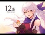  1girl anniversary bird black_gloves blue_scarf bracelet elbow_gloves fingerless_gloves fire_emblem fire_emblem:_akatsuki_no_megami gloves highres jewelry long_hair micaiah nakabayashi_zun nintendo parted_lips scarf silver_hair simple_background sleeveless upper_body white_background yellow_eyes yune 