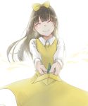  1girl bow closed_eyes devotion dress du_meishin facing_viewer fei_(pixiv7035994) hair_bow highres long_hair looking_at_viewer simple_background smile solo standing white_background yellow_bow yellow_dress 