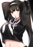  1girl azur_lane bangs black_hair black_serafuku blush bow breasts eyebrows_visible_through_hair large_breasts long_hair looking_at_viewer midriff navel ponytail ribbon ry_thae school_uniform serafuku solo takao_(academy_romantica)_(azur_lane) takao_(azur_lane) very_long_hair white_ribbon 