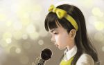  1girl absurdres artist_name bangs black_eyes black_hair blunt_bangs bow child devotion du_meishin hairband highres long_hair microphone profile shirt simple_background solo upper_body white_shirt yellow_bow yellow_hairband youotaku 