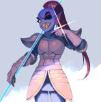  1girl armor blue_skin eyelashes eyepatch fins fish_girl gleam gloves grin highres holding holding_weapon looking_at_viewer ouse_(otussger) polearm redhead sharp_teeth smile solo spear teeth undertale undyne weapon yellow_sclera 