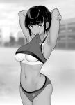  1girl armpits arms_behind_head ass biting blush breasts eyebrows_visible_through_hair gentsuki greyscale grin highres looking_at_viewer monochrome navel original short_hair sleeveless smile solo tan tanline track_uniform under_boob 