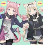  2girls absurdres an-94_(girls_frontline) animal_ears bangs blonde_hair cat_ears cat_tail eyebrows_visible_through_hair facial_mark fang fish food food_in_mouth girls_frontline green_eyes hairband highres jacket long_hair looking_at_viewer multiple_girls nyan open_mouth pantyhose paw_pose pink_hair ponytail ribbon simple_background single_thighhigh st_ar-15_(girls_frontline) strap tail thigh-highs thigh_strap tori_(user_hghr2284) violet_eyes whisker_markings 