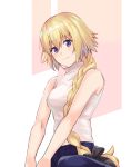  1girl black_bow blonde_hair blue_eyes blue_pants bow braid braided_ponytail eyebrows_visible_through_hair fate/apocrypha fate_(series) hair_between_eyes hair_bow hair_over_shoulder jeanne_d&#039;arc_(fate) jeanne_d&#039;arc_(fate)_(all) long_hair looking_at_viewer nyorotono pants shiny shiny_hair single_braid sitting smile solo sweater turtleneck turtleneck_sweater very_long_hair vest white_vest 