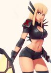  1girl absurdres belt black_gloves black_legwear blonde_hair blue_eyes breasts carlos_eduardo cleavage commentary dual_wielding gloves highres holding lips long_hair looking_at_viewer looking_to_the_side magik_(x-men) medium_breasts midriff navel parted_lips short_shorts shorts shoulder_pads simple_background solo sword thigh-highs thighs weapon x-men yellow_background 