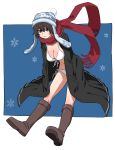  1girl absurdres bikini boots breasts brown_hair cleavage commentary full_body hands_in_pockets hat highres large_breasts original scarf side-tie_bikini simple_background snowflakes solo swimsuit tuskryo white_bikini 