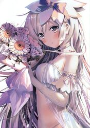  1girl absurdres arm_ribbon babydoll bangs bare_shoulders blush bouquet breasts choker detached_collar elbow_gloves eyebrows_visible_through_hair flower frilled_sleeves frills from_side gloves grey_babydoll grey_eyes grey_panties hair_between_eyes hair_ornament hair_ribbon hand_up highres holding holding_bouquet kouyafu long_hair looking_at_viewer medium_breasts original panties parted_lips purple_ribbon ribbon scan see-through silver_hair simple_background solo underwear white_background white_flower 